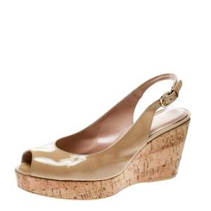 Stuart Weitzman Beige Patent Leather Jean Peep Toe Cork Wedge Slingback Sandals Size 41