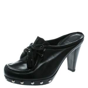 Stuart Weitzman Black Leather Fringe Bow Slip On Loafer Mules Size 36.5