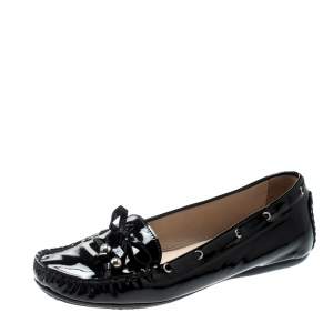 Stuart Weitzman Black Patent Leather Bow Detail Loafers Size 38