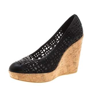 Stuart Weitzman Black Perforated Leather Nudotcomer Platform Cork Wedge Pumps Size 39