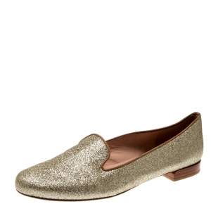 Stuart Weitzman Metallic Gold Glitter Smoking Slippers Size 37.5