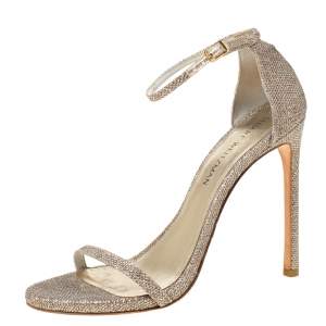 Stuart Weitzman Metallic Champagne Lamè Fabric Ankle Strap Open Toe Sandals Size 40