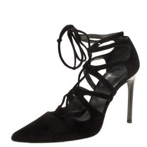 Stuart Weitzman Black Suede Leather Strappy Pointed Toe Ankle Wrap Pumps Size 38