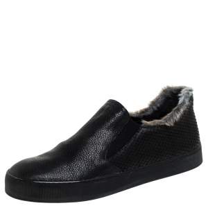 Stuart Weitzman Black Leather And Faux Fur Slip on Sneakers Size 39.5