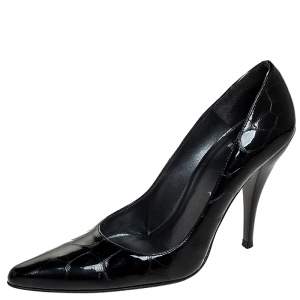 Stuart Weitzman Black Croc Embossed Patent Leather Pointed Toe Pumps Size 37.5