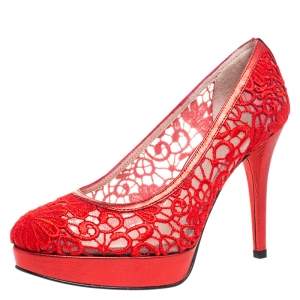 Stuart Weitzman Red Lace Swoon Platform Pumps Size 37