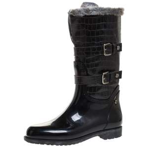 Stuart Weitzman Black Croc Embossed Faux Leather And Faux Fur Trim Mid Calf Boots Size 41