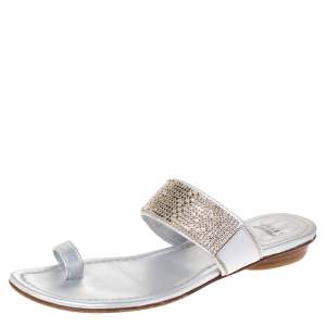 Stuart Weitzman Silver Leather Crystal Embellished Toe Ring Flats Size 37.5