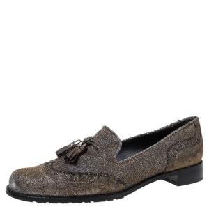 Stuart Weitzman For Russell & Bromley Black/Gold Lamé Fabric Tassel Detail Slip On Loafers Size 38