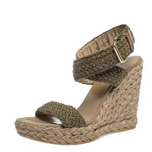 Stuart Weitzman Khaki Woven Fabric Espadrille Wedge Sandals Size 39