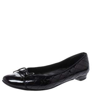 Stuart Weitzman Black Quilted Patent Leather Bow Ballet Flats Size 39.5 