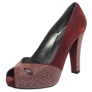 Stuart Weitzman Burgundy Suede Studded Cut Out Peep Toe Platform Pumps Size 38.5