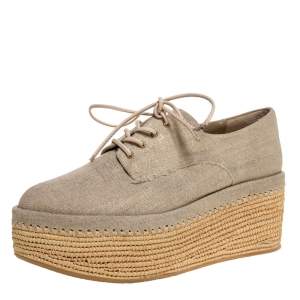 Stuart Weitzman Beige Canvas Lace Up Flat Platform Oxford Size 37