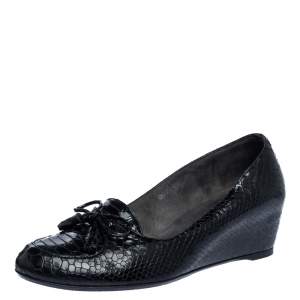 Stuart Weitzman Black Python Embossed Leather Wedge Bow Detail Loafer Pumps Size 38