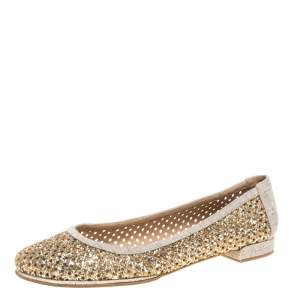 Stuart Weitzman Metallic Gold Glitter Perforated Leather and Canvas Ballet Flats Size 40