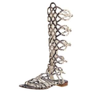 Stuart Weitzman Grey Snakeskin Effect Leather Aphrodite Gladiator Flat Sandals Size 38