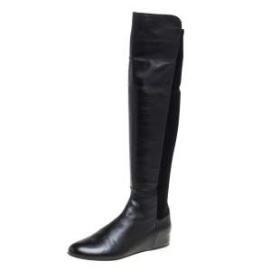 Stuart Weitzman Black Leather And Stretch Fabric Knee Length Flat Boots Sze 38.5 
