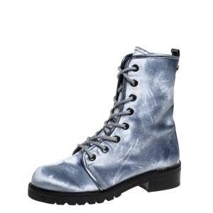 Stuart Weitzman Metallic Blue Velvet Crystal Embellished Heel Combat Boots Size 37