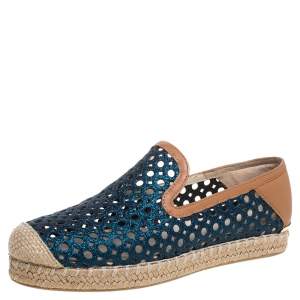 Stuart Weitzman Metallic Blue Glitter Laser Cut County Espadrilles Size 35
