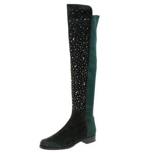 Stuart Weitzman Green Suede And Fabric Crystal/Stud Embellished High Boots Size 41
