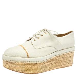 Stuart Weitzman Cream Canvas Lace Up Flat Platform Oxfords Size 40