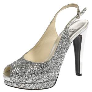 Stuart Weitzman Silver Coarse Glitter Peep Toe Slingback Sandals Size 38.5