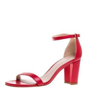Stuart Weitzman Red Leather LessNudist Block Heel Ankle Strap Sandals Size 38