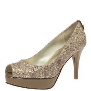 Stuart Weitzman Metallic Beige Lace And Glitter Peep Toe Platform Pumps Size 36.5