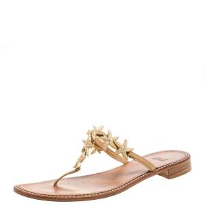 Stuart Weitzman Beige Leather Star Embellished Thong Flats Size 39