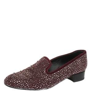 Stuart Weitzman Maroon Suede Crystal Embellished Studded Smoking Slippers Size 39.5