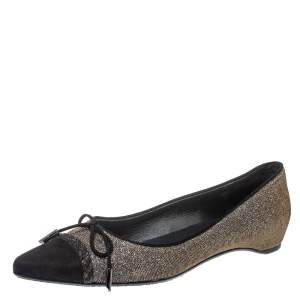   Stuart Weitzman Black Glitter Fabric And Suede Bow Pointed Cap Toe Ballet Flats Size 38.5