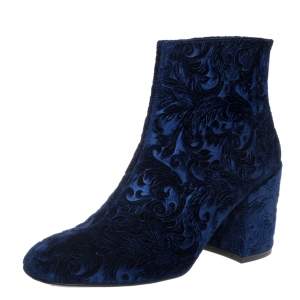 Stuart Weitzman Blue Velvet Bacari Block Heel Ankle Boots Size 38.5