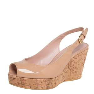 Stuart Weitzman Beige Patent Leather Jean Peep Toe Cork Wedge Slingback Sandals Size 37