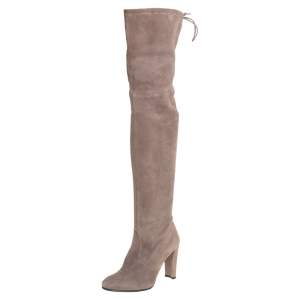 Stuart Weitzman Grey Suede Tie Land Over The Knee Block Heel Boots Size 36