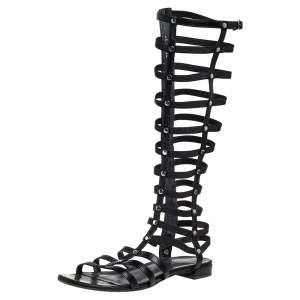 Stuart Weitzman Black Leather And Elastic Gladiator Flats Size 37