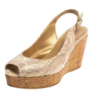 Stuart Weitzman Multicolor Iridescent Snake Print Suede Jean Wedge Platform Slingback Sandals Size 37.5