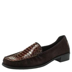 Stuart Weitzman Brown Suede  And Python Embossed Leather Loafers Size 41