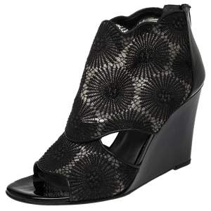 Stuart Weitzman Black Lace And Patent Leather Wedge Ankle Boots Size 38.5