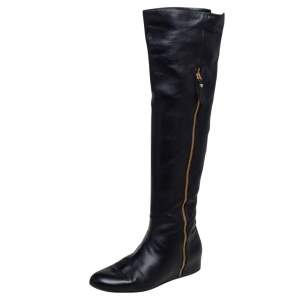 Stuart Weitzman Black Leather and Stretch Fabric Knee Length Flat Boots Sze 39.5 