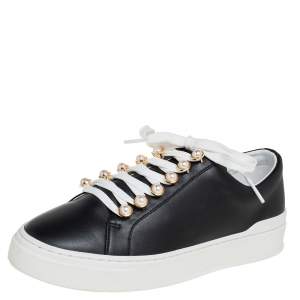 Stuart Weitzman Black Leather Faux Pearl Embellished Low Top Sneakers Size 38.5