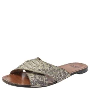 Stuart Weitzman Grey Snakeskin Embossed Leather Slide Sandals Size 36