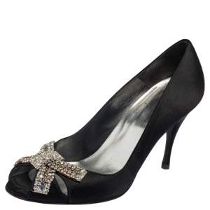 Stuart Weitzman Black Satin Crystal Embellished Bow Peep Toe Pumps Size 38