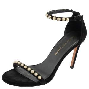 Stuart Weitzman Black Suede Faux Pearl Embellished Nudist Sandals Size 37.5