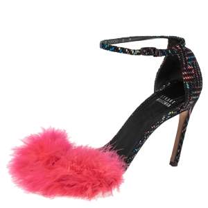 Stuart Weitzman Multicolor Textured Suede Fur Detail Ankle Strap Sandals Size 38.5