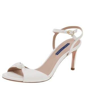 Stuart Weitzman White Leather Gloria Ankle Strap Sandals Size 38.5