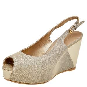 Stuart Weitzman Gold Glitter and Leather Slingback Wedge Sandals Size 39