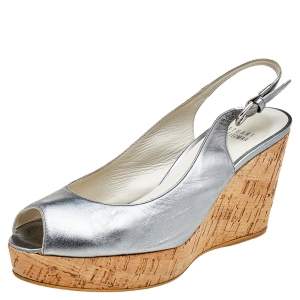 Stuart Weitzman Silver Leather Peep Toe Cork Wedge Slingback Sandals Size 38