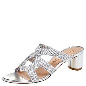Stuart Weitzman Silver Woven Leather Sarita Slide Sandals Size 38.5 