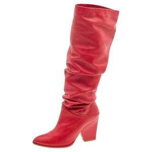 Stuart Weitzman Red Leather Slouch Block Heel Knee Length Boots Size 37.5