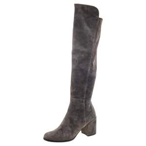Stuart Weitzman Grey Suede Block Heel Knee Length Boots Size 37.5